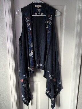 Indigo Thread Co 100% Cotton Heather Blue Embroidered  Sleeveless Cascade Tunic
